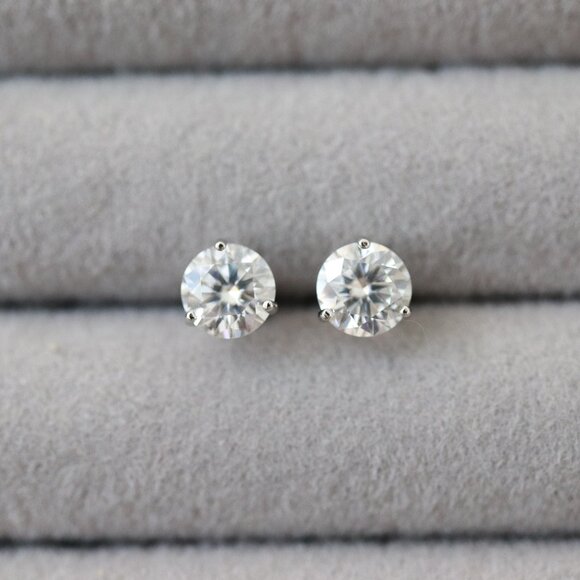S925 2cttw Clear Moissanite Diamond 3-Prong Martini Style Earrings Studs Sterlin - Picture 4 of 5